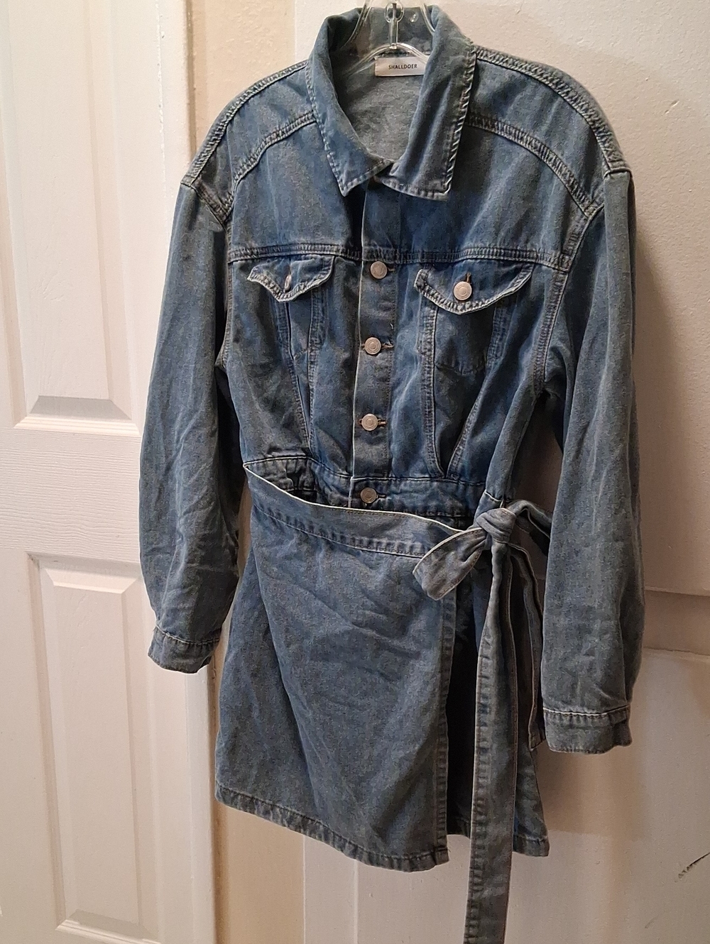 Women's Blue Denim Tie-Waist Jean Short Dress.